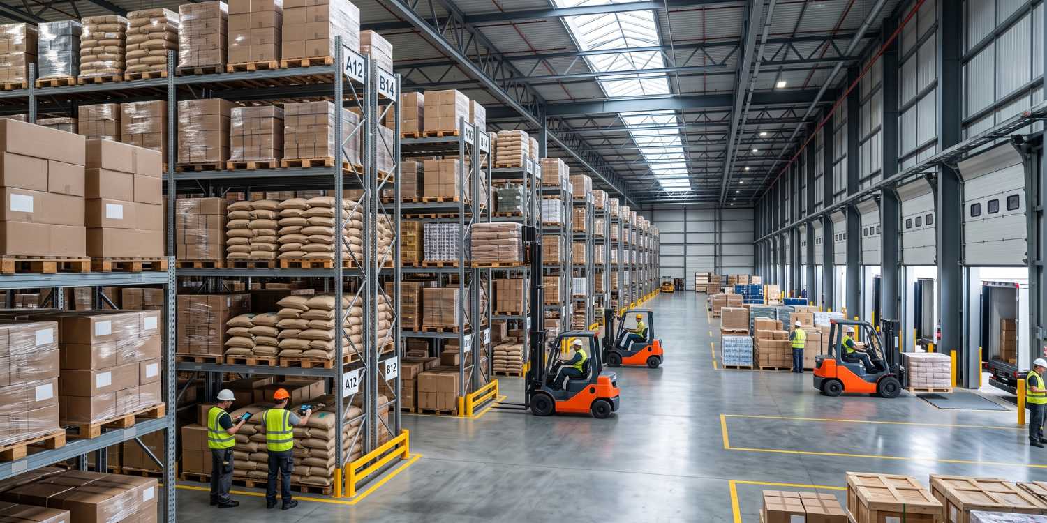 Massive organized warehouse with rice bags and forklifts